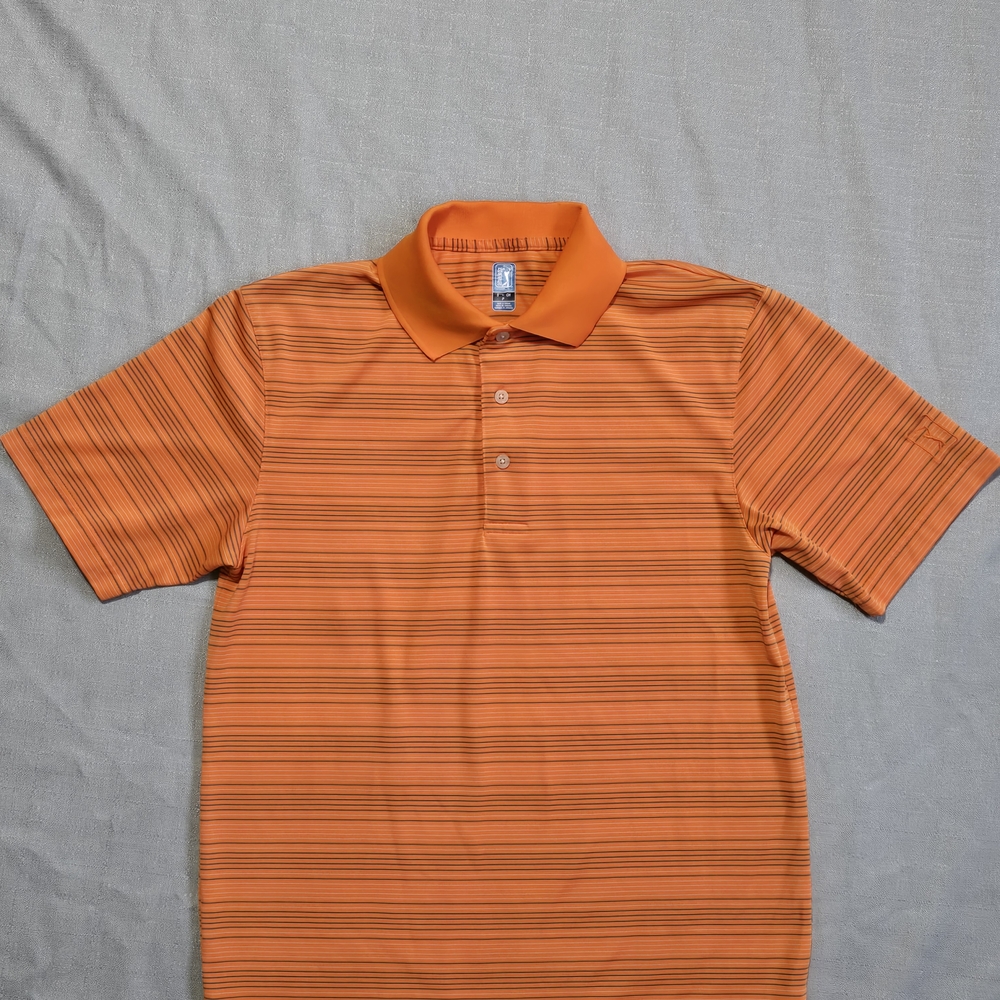 PGA TOUR S Men's Orange Black Embroidered Striped Polo Shirt Golf Short Sleeve